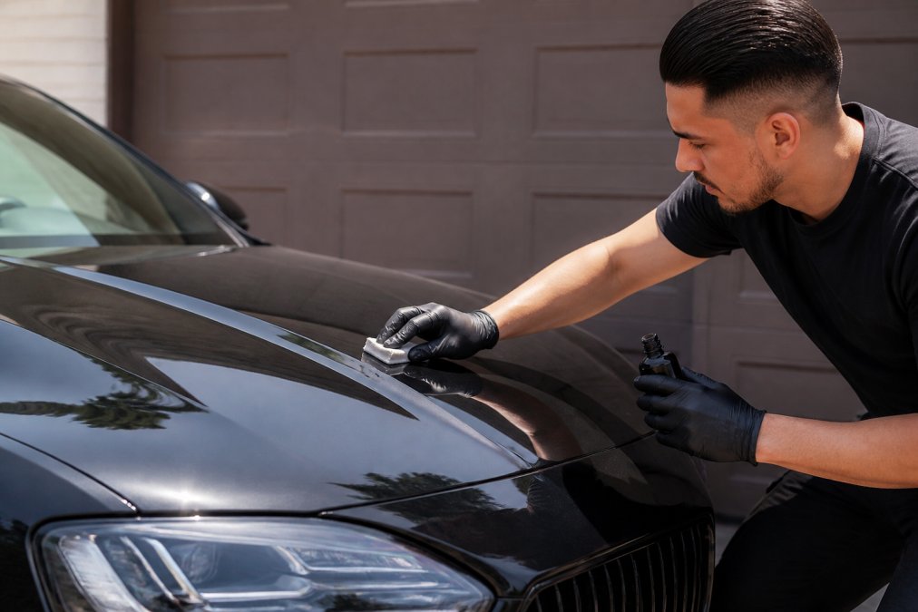 Professional detailer applying ceramic coating to luxury vehicle's hood with precision technique, showing specialized equipment and careful hand positioning under bright natural lighting