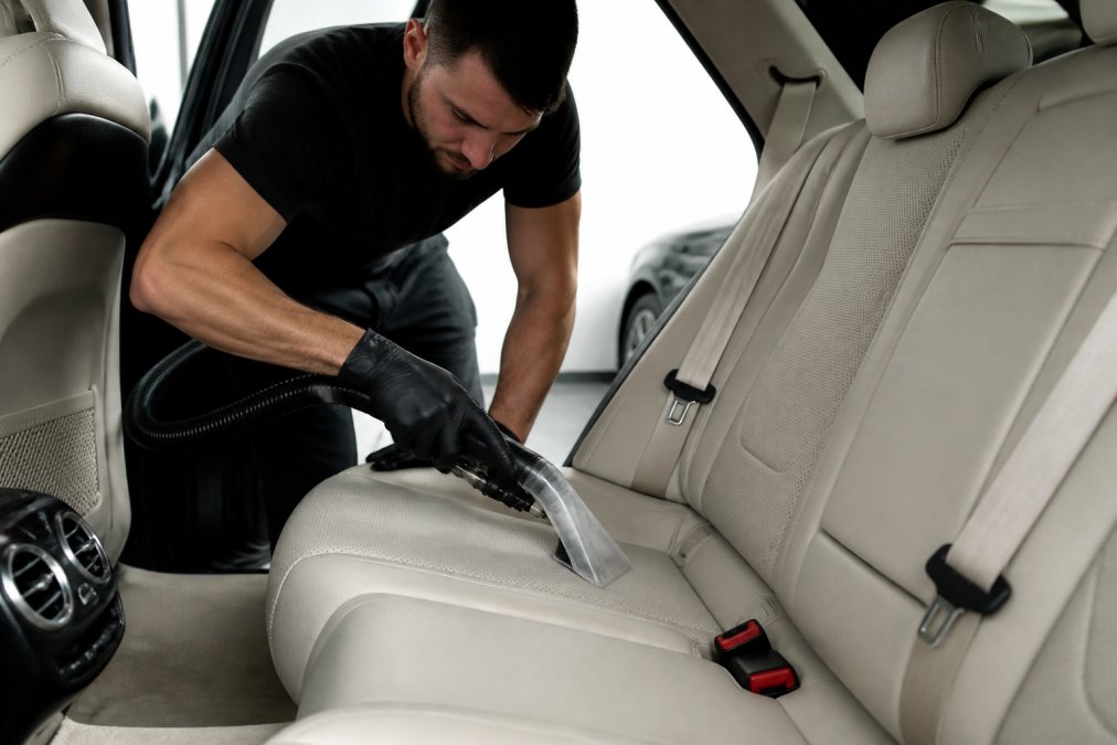 Interior of luxury vehicle with professional detailer shampooing upholstery, showing comprehensive cleaning of seats and carpeted surfaces with specialized equipment in bright studio lighting
