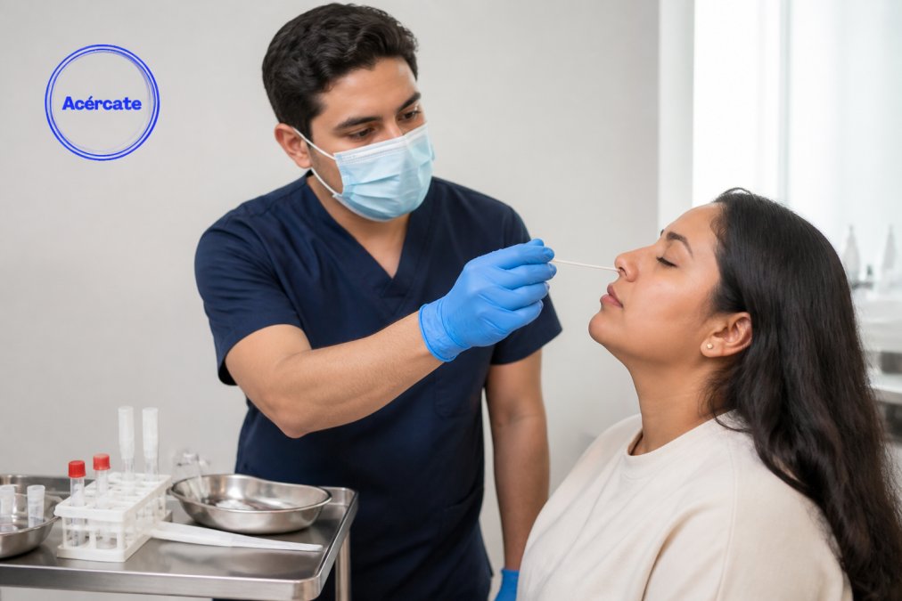 Profesional médico realizando la toma de muestra para panel pcr its con hisopado en un consultorio clínico profesional.
