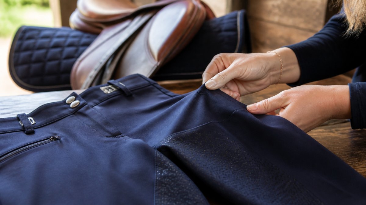 Gros plan sur les coutures d'un pantalon équitation pour illustrer les critères de durabilité du textile.