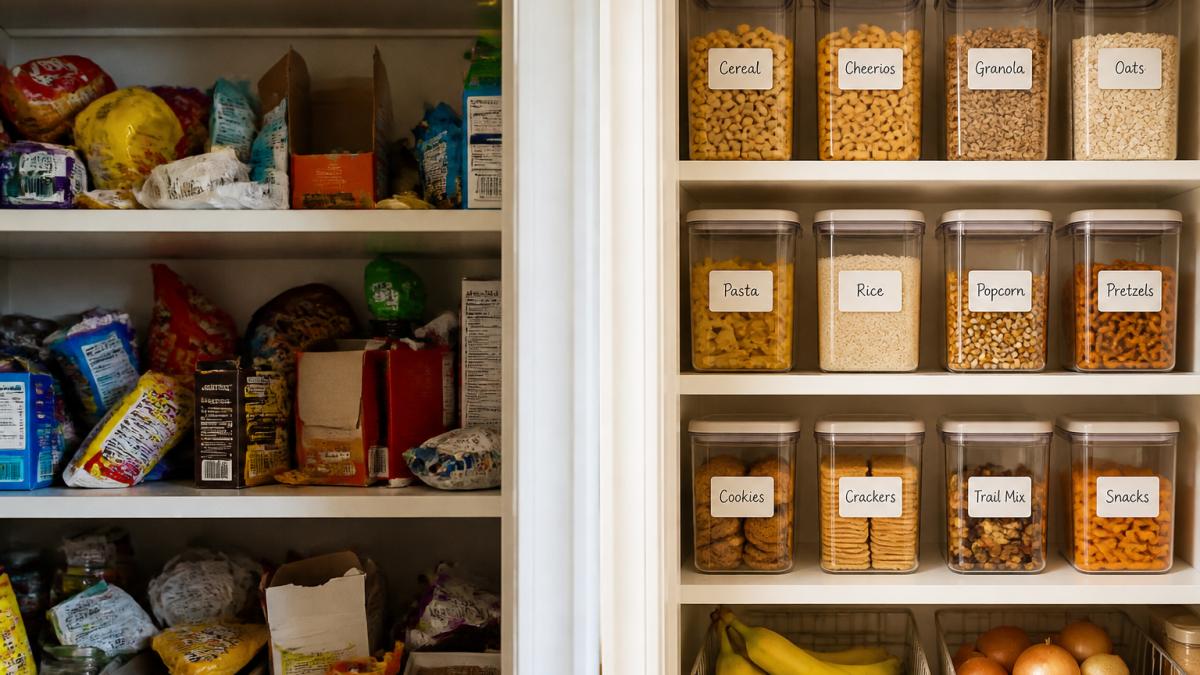 Side-by-side pantry shelves showing a cluttered area transformed into organized, labeled clear storage jars.