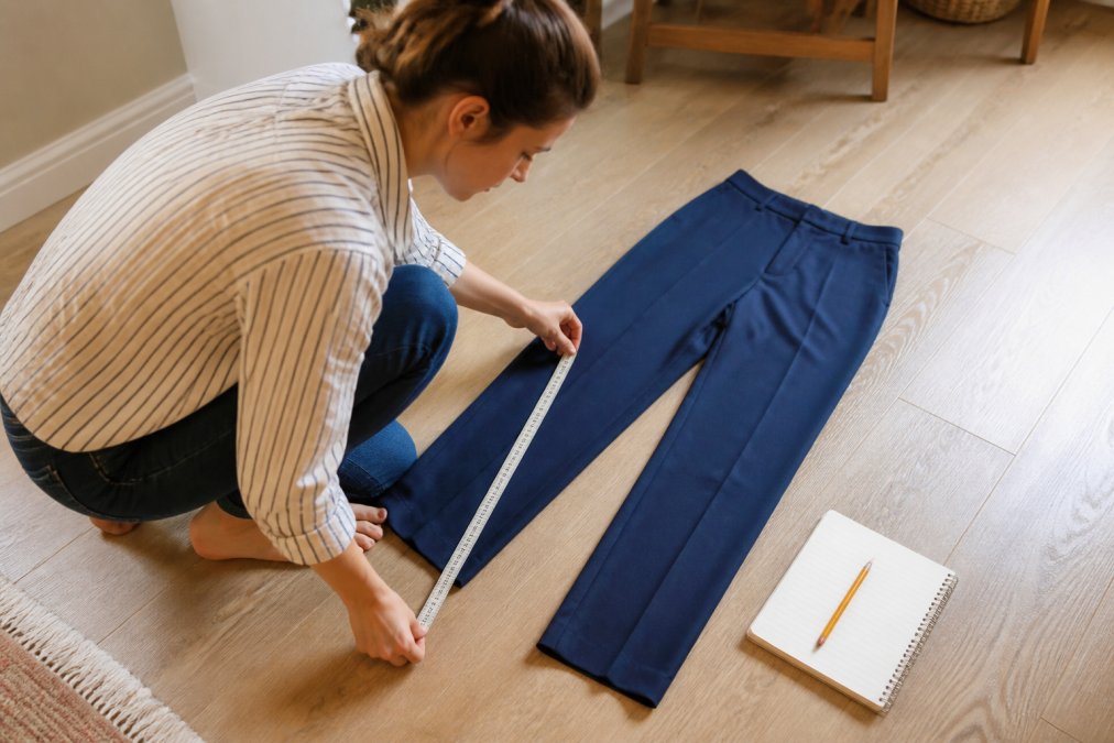 A person measuring the inseam of a pair of trousers with a soft measuring tape on a light wooden floor, with a notebook and pencil nearby