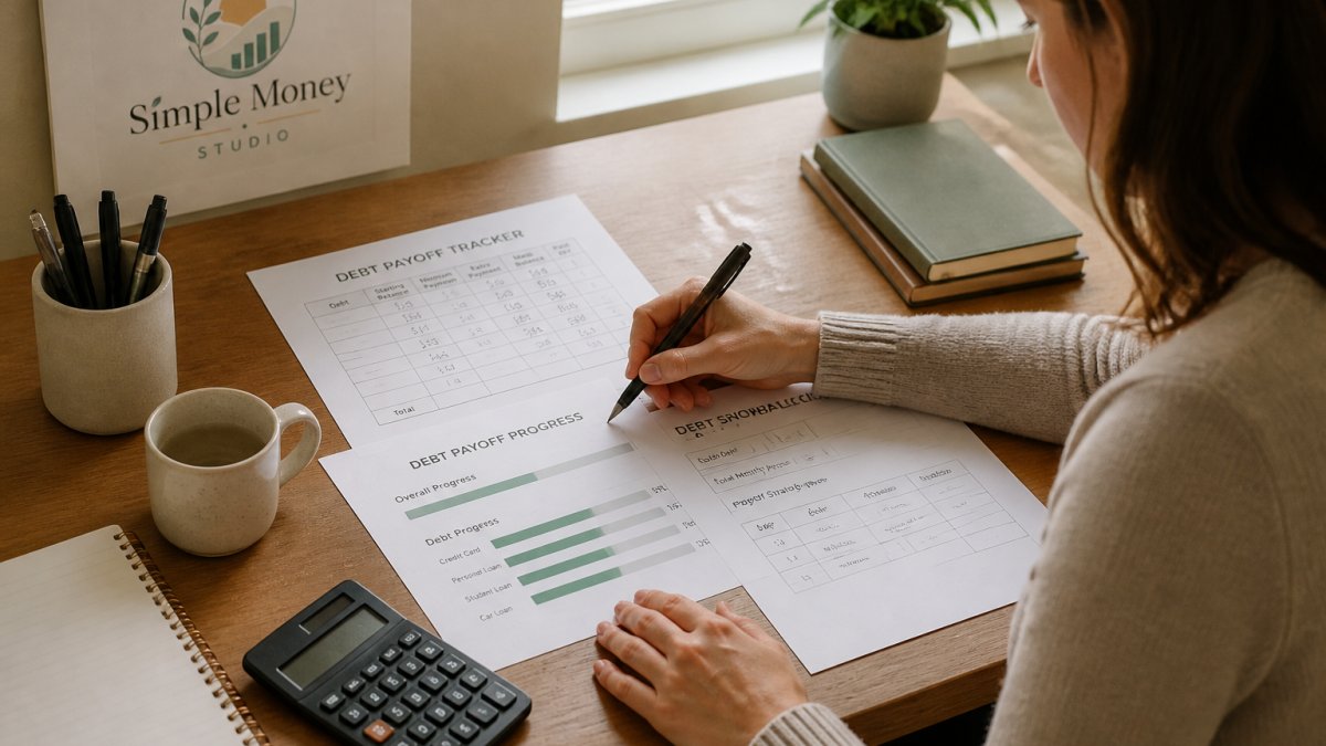 Person sitting at a desk with printed debt payoff worksheets, pen in hand, reviewing progress bars and balance columns on paper tracker in natural office lighting