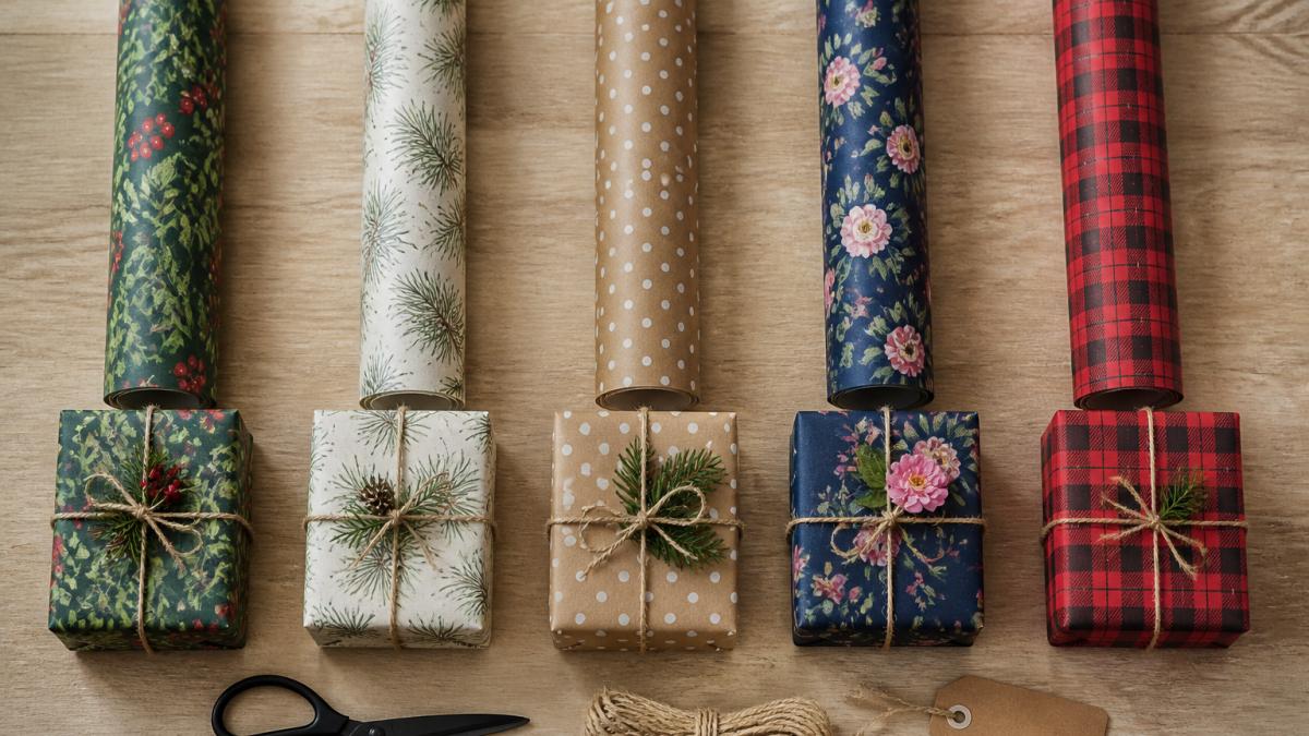 A flat lay of five different wrapping paper rolls arranged side by side on a light wooden table, each with a small wrapped gift sample showing the pattern, plus scissors, twine, and a gift tag