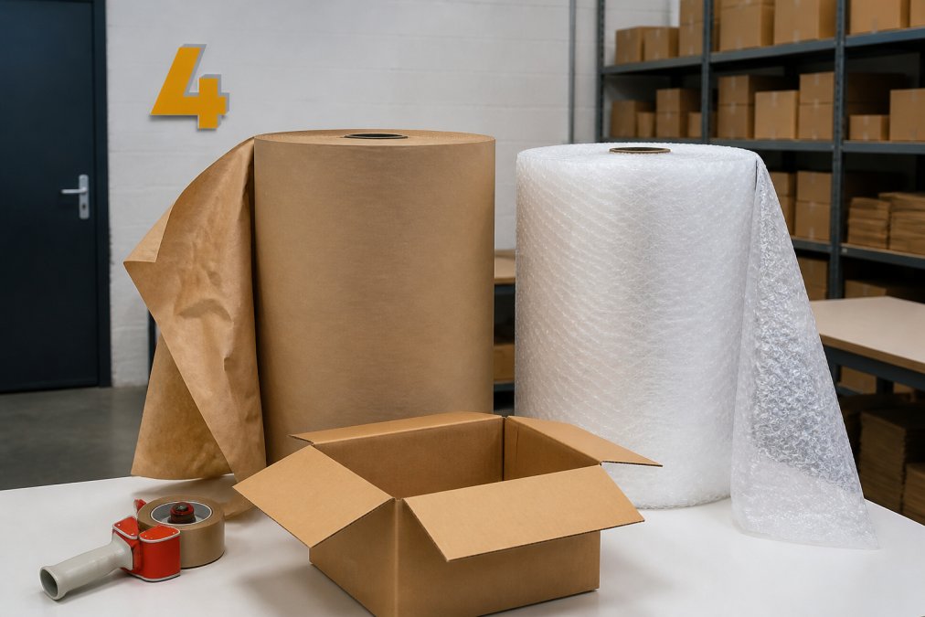 Rolls of brown paper void fill and clear bubble wrap at a warehouse packing station for void fill vs bubble wrap.