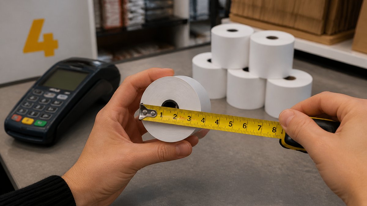 Hands measuring the width of thermal card machine rolls on a shop counter near a payment terminal.