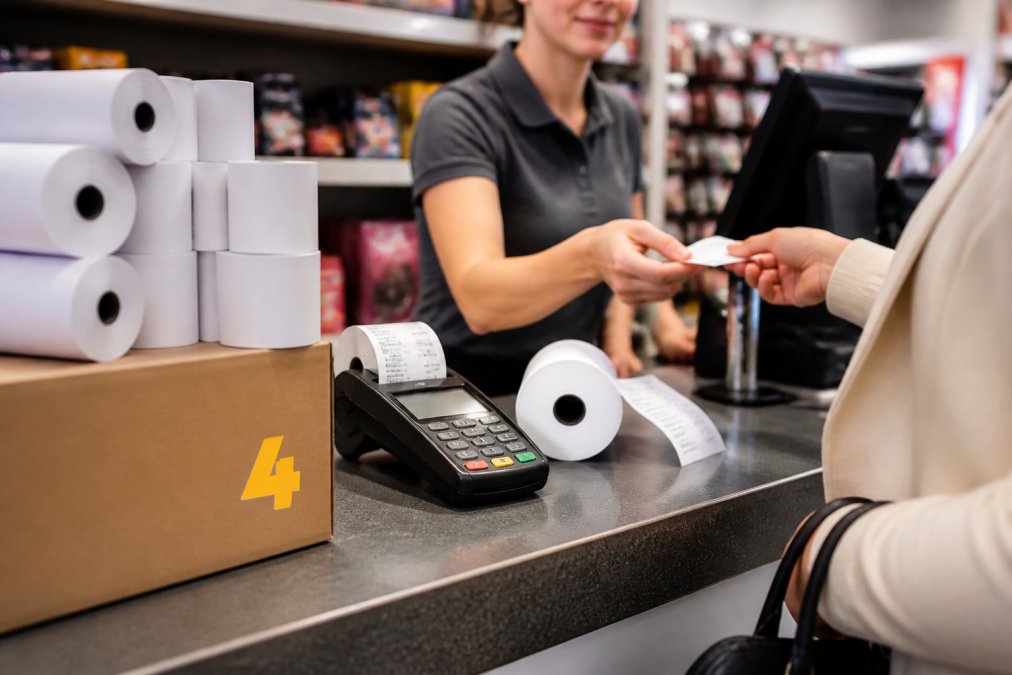 Busy retail checkout counter with multiple thermal till rolls stacked beside a modern card machine, showing different receipt paper rolls in use during a customer transaction with natural shop lighting