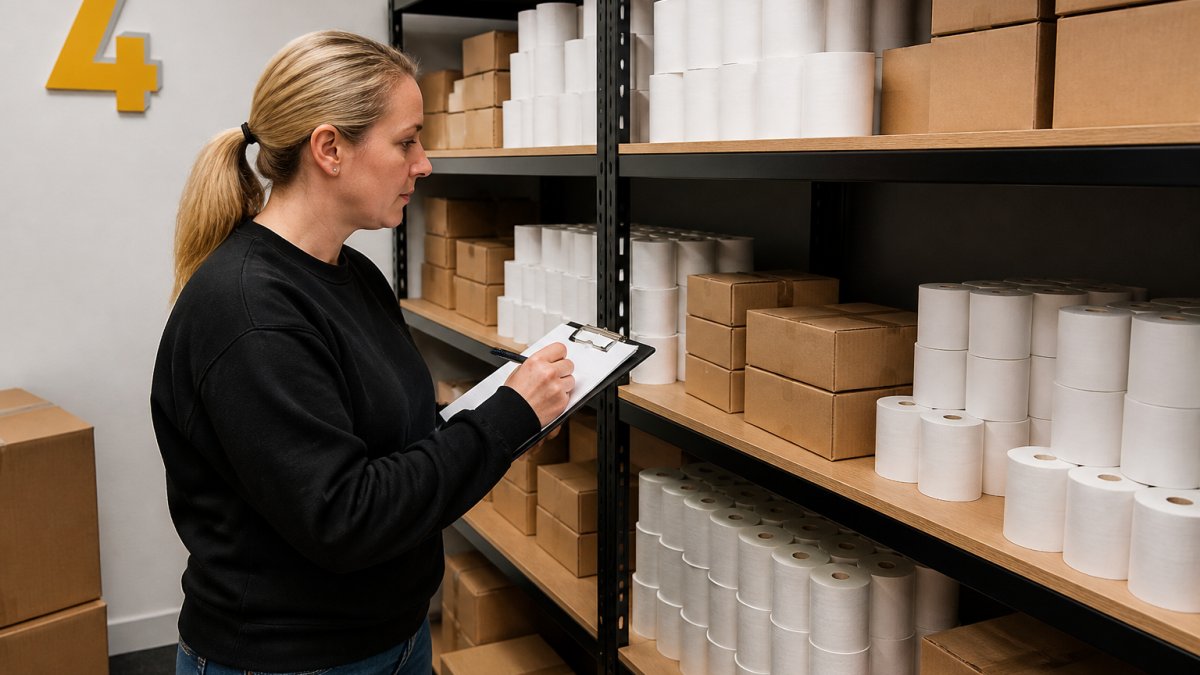 Small business owner in stockroom checking inventory of till rolls and receipt paper boxes, reviewing stock levels and organisation on shelves