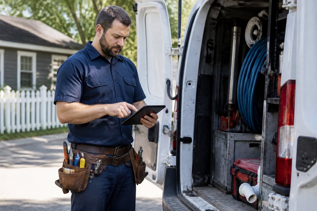 Plumbing contractor in work uniform checking a digital work order on a mobile tablet while standing next to a white service truck, with toolbelt and equipment visible in the background, natural daylight