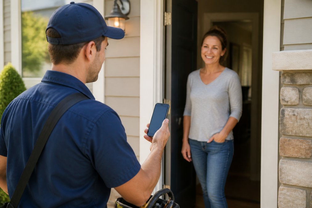 Plumbing technician in work clothes holding a smartphone displaying a professional invoice on a customer's front porch, with a homeowner visible in the doorway, afternoon sunlight