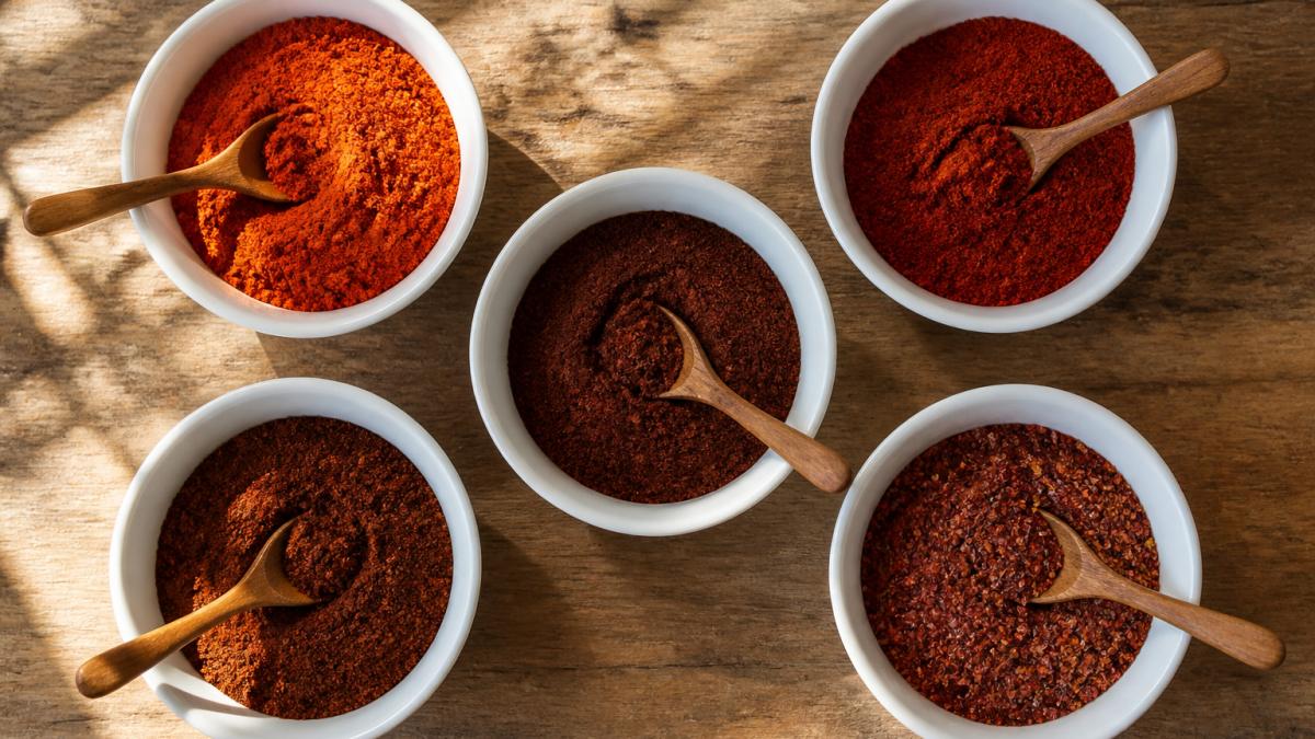 Five bowls of spices on a wooden table displaying paprika alternatives like cayenne, chipotle, ancho, and Aleppo pepper.