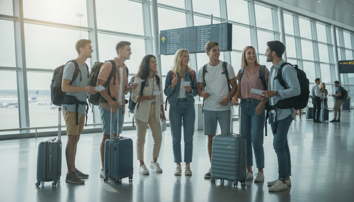 Un grupo diverso de jóvenes viajeros con mochilas y maletas en un aeropuerto luminoso, sonriendo y listos para embarcar, con grandes ventanales que muestran aviones en pista al fondo