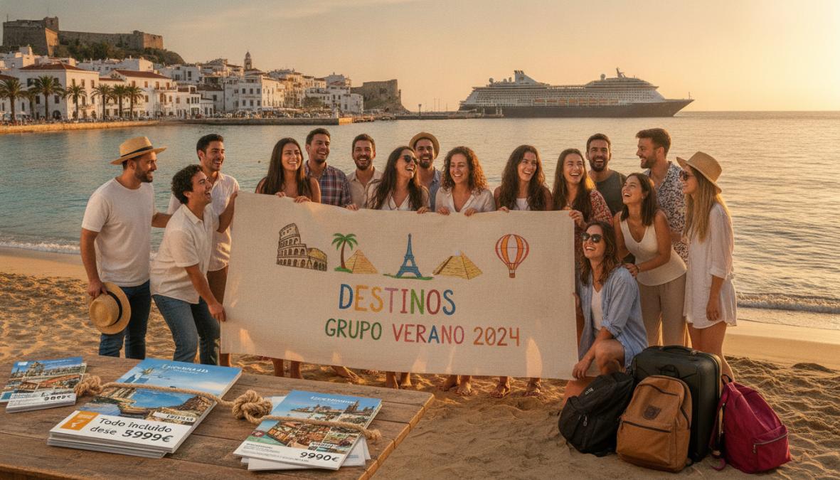 Grupo de amigos recorriendo una calle europea en nuestros paquetes de viajes grupales para verano 2024 con monumentos de f...