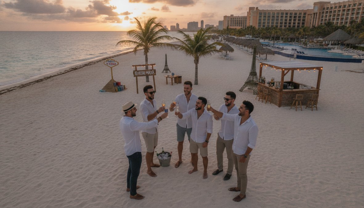Grupo de amigos celebrando en un catamarán en aguas turquesas del Caribe cerca de la Riviera Maya, sosteniendo bebidas y riendo bajo un cielo soleado, con la costa al fondo