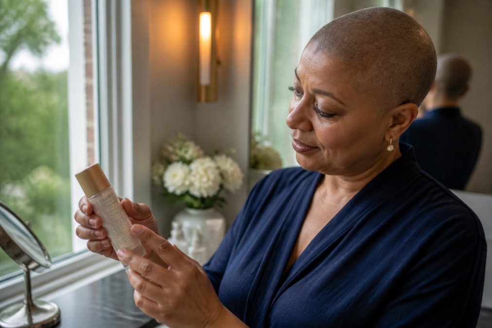 Woman carefully reading the ingredient label on a bottle of paraben free makeup in natural light