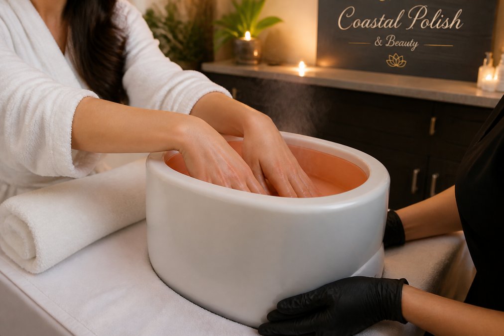 Woman dipping her hands into a warm paraffin wax bath at a relaxing spa