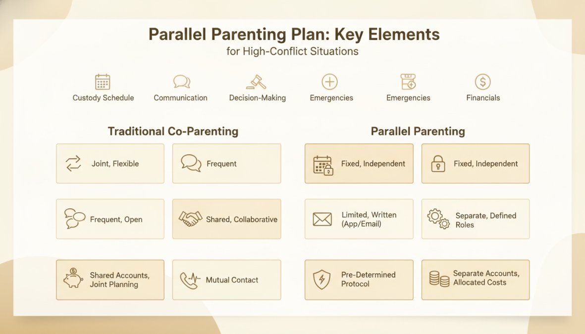 Comparison matrix showing key elements of a parallel parenting plan: custody schedule, communication protocols, decision-making authority, emergency procedures, and financial responsibilities