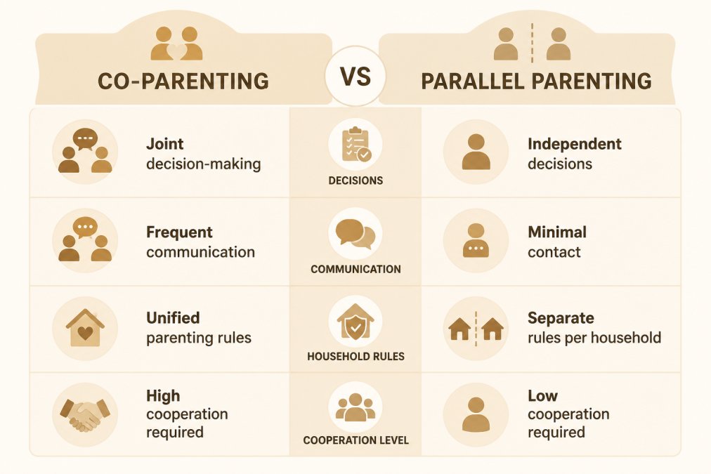 Comparison matrix showing Co-Parenting (Joint decision-making, frequent communication, unified parenting rules, high cooperation required) vs Parallel Parenting (Independent decisions, minimal contact, separate rules per household, low cooperation required)