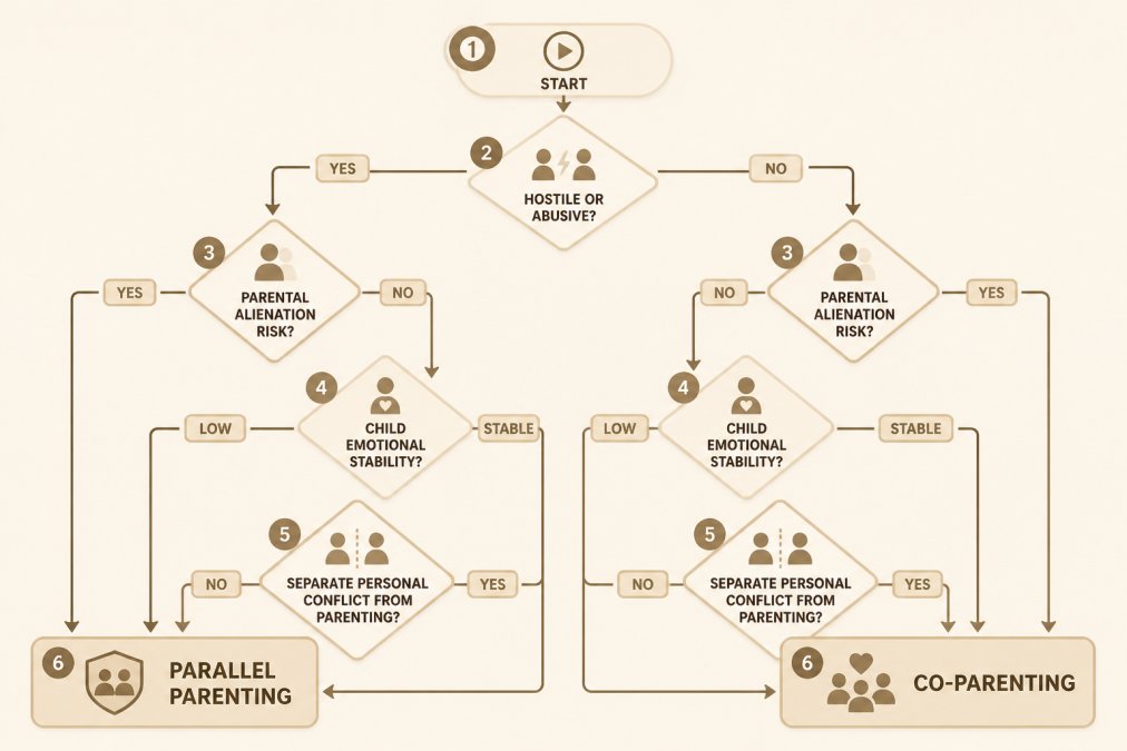 Decision flowchart showing: Start with 'Is communication hostile or abusive?' → Yes leads to Parallel Parenting path; No leads to Co-Parenting path. Include decision points for parental alienation risk, emotional stability of child, and ability to separate personal conflict from parenting