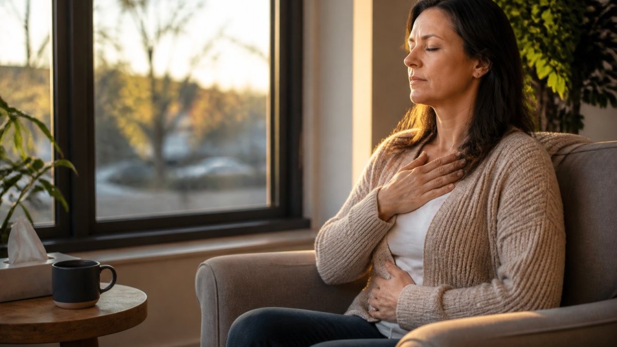 Parent sitting in a calm, peaceful space by a window in a therapy office, taking a moment for self-reflection and deep breathing during a difficult family situation