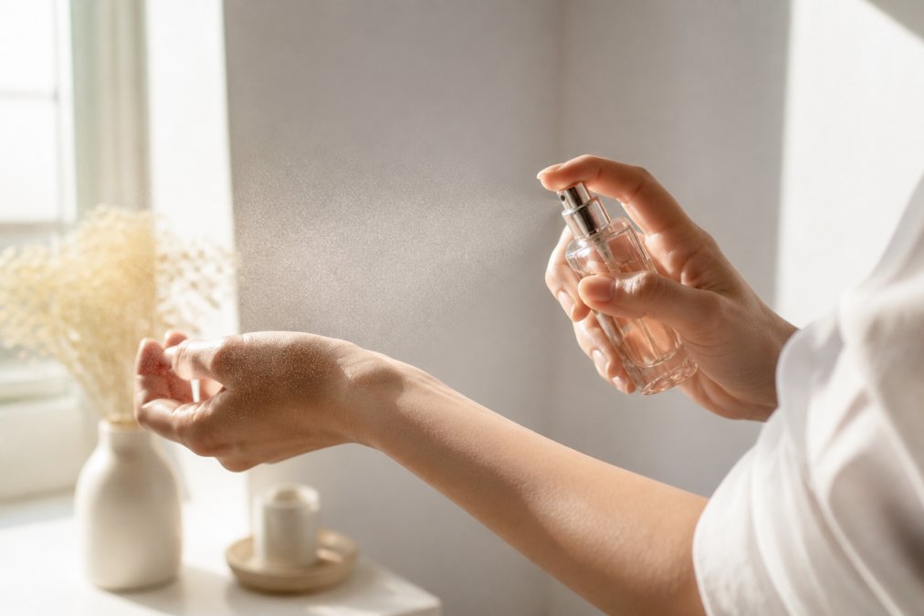 Close-up van een pols waarop een fijne nevel parfum wordt gespoten vanuit een glazen flacon, met zacht natuurlijk daglicht dat door een raam valt en een minimalistische witte achtergrond