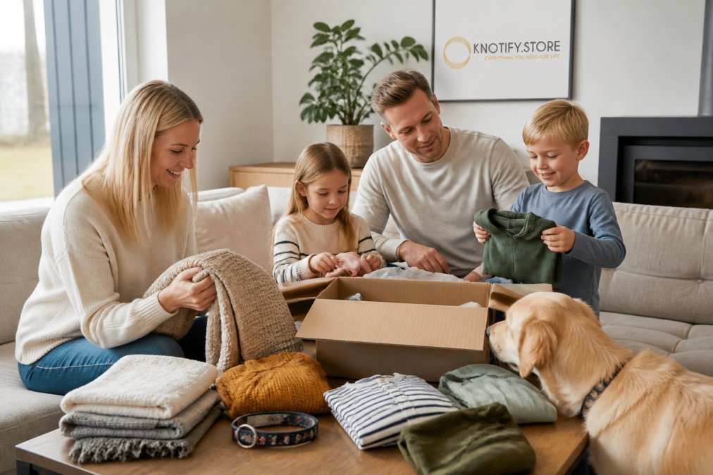 A Finnish family in a bright living room unpacking an online order together, with clothing, home textiles and a dog collar visible on the coffee table