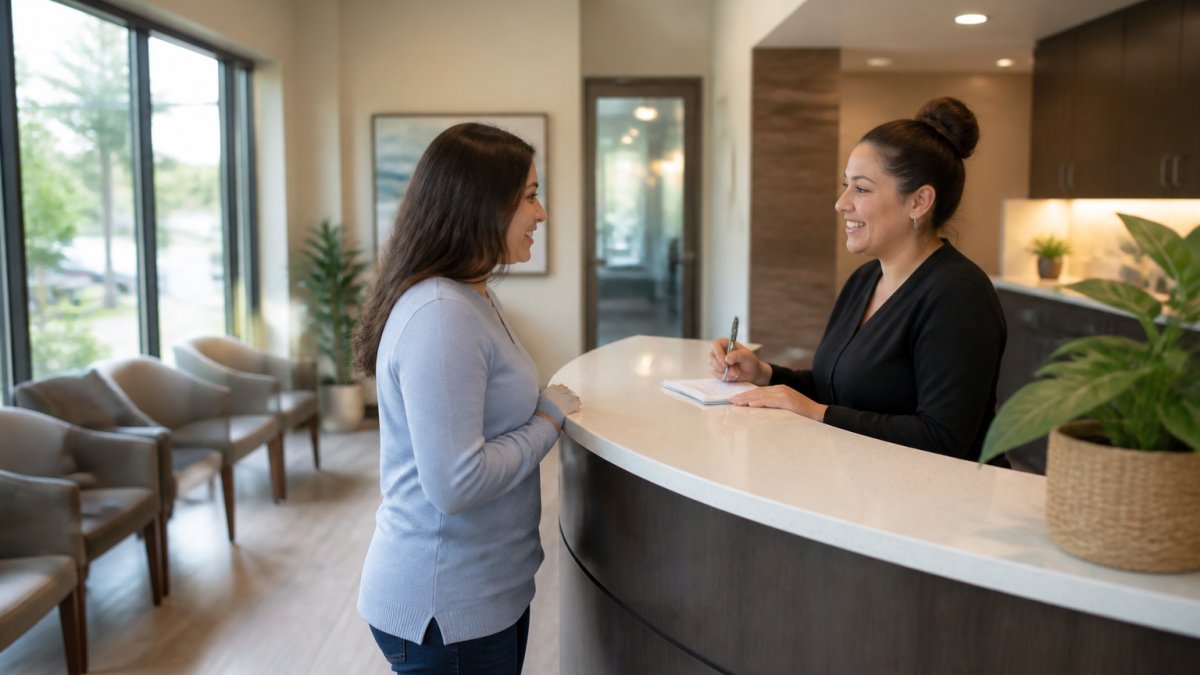 A calm, modern dental clinic waiting area with comfortable seating, natural light, and a receptionist speaking warmly with a patient
