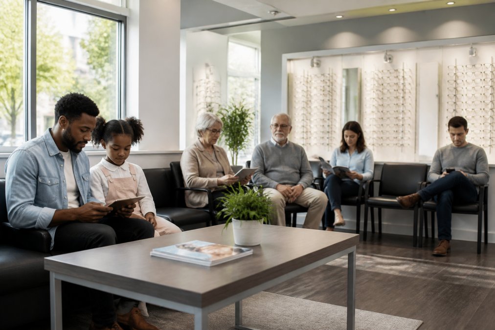 Diverse patients of different ages in a bright, modern optometry office waiting area with comfortable seating and welcoming design