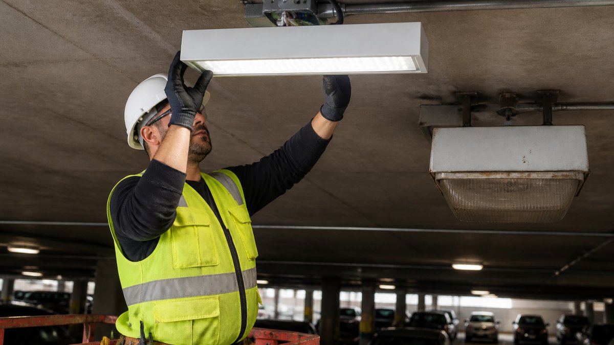 Professional electrician installing modern LED parking garage fixture in ceiling, removing old metal halide luminaire and mounting sleek LED fixture at height with safety equipment