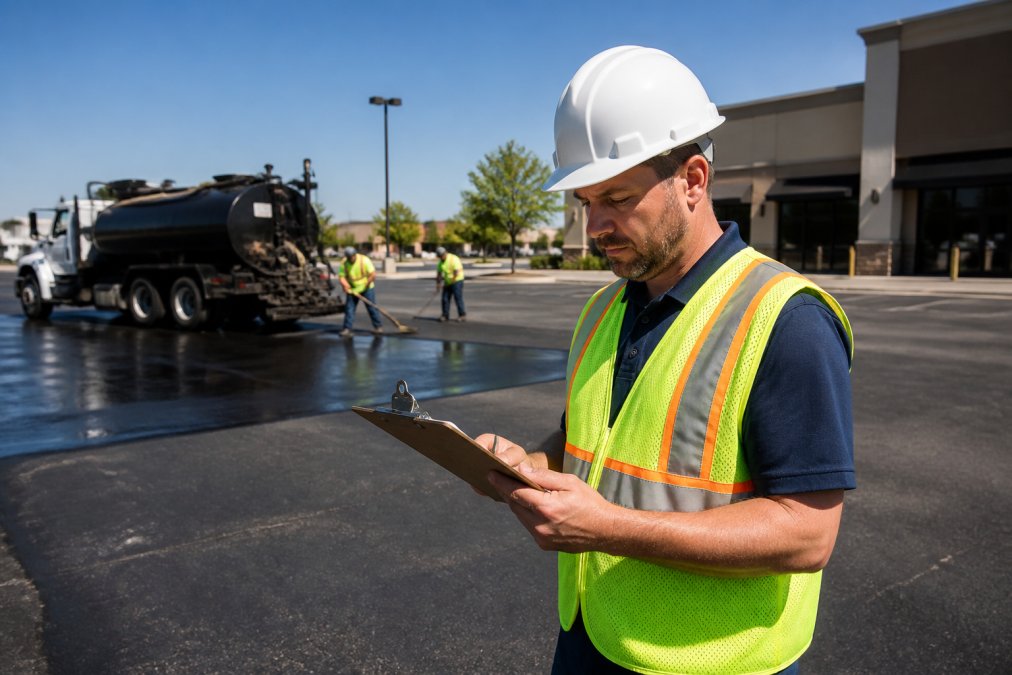 Contractor reviewing plans at a commercial parking lot paving site with a crew working in the background