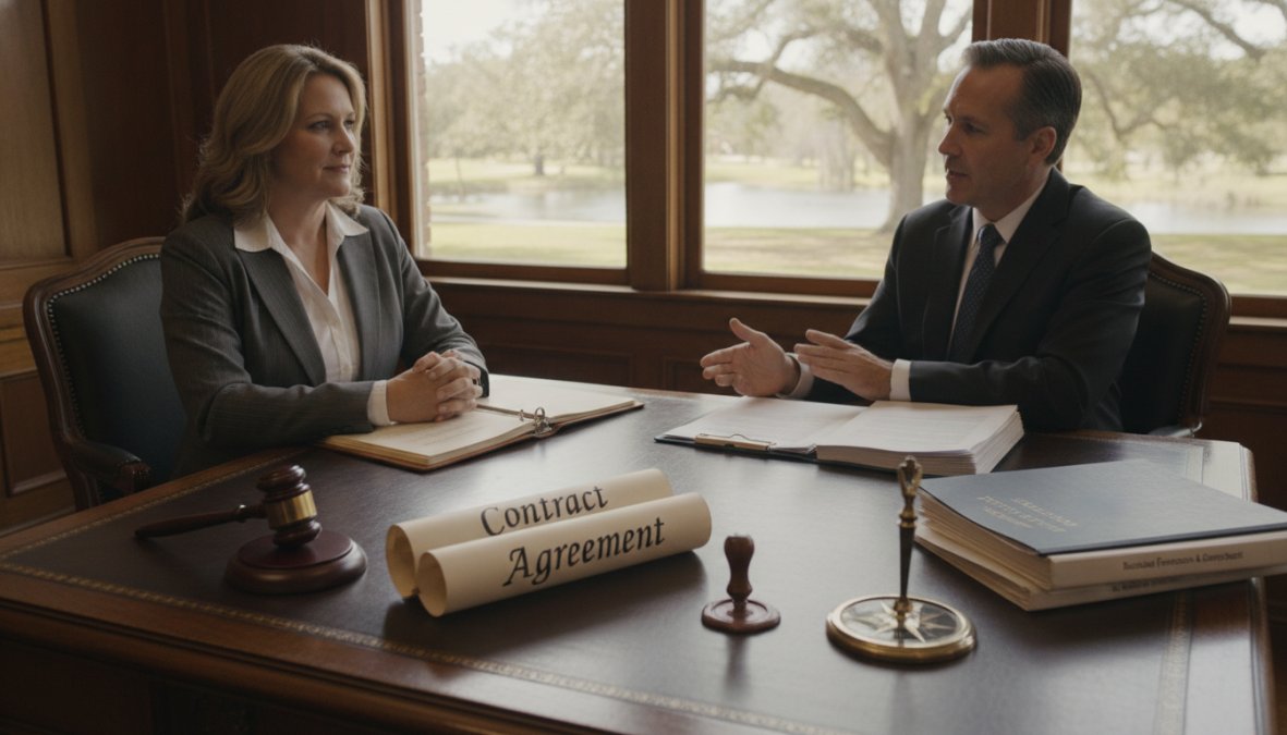 A business attorney in a professional office reviewing documents with a small business owner seated across a desk, both looking at a contract, warm natural light coming through a large window behind them