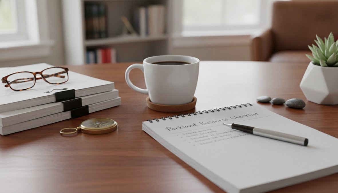 Close-up of a person's hands writing a checklist on a yellow legal notepad beside a laptop open to a law firm website, with a ceramic coffee cup nearby on a clean wooden desk in warm morning light