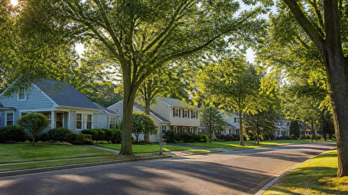 Tree-lined suburban street in Parsippany with well-maintained residential homes, manicured lawns, and morning sunlight filtering through oak trees