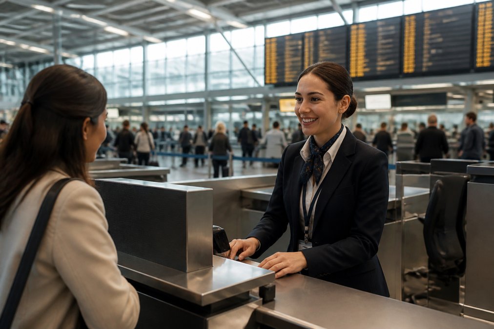 Professional airport customer service representative in uniform assisting a passenger at a check-in desk, with busy terminal concourse and departure boards visible in the background