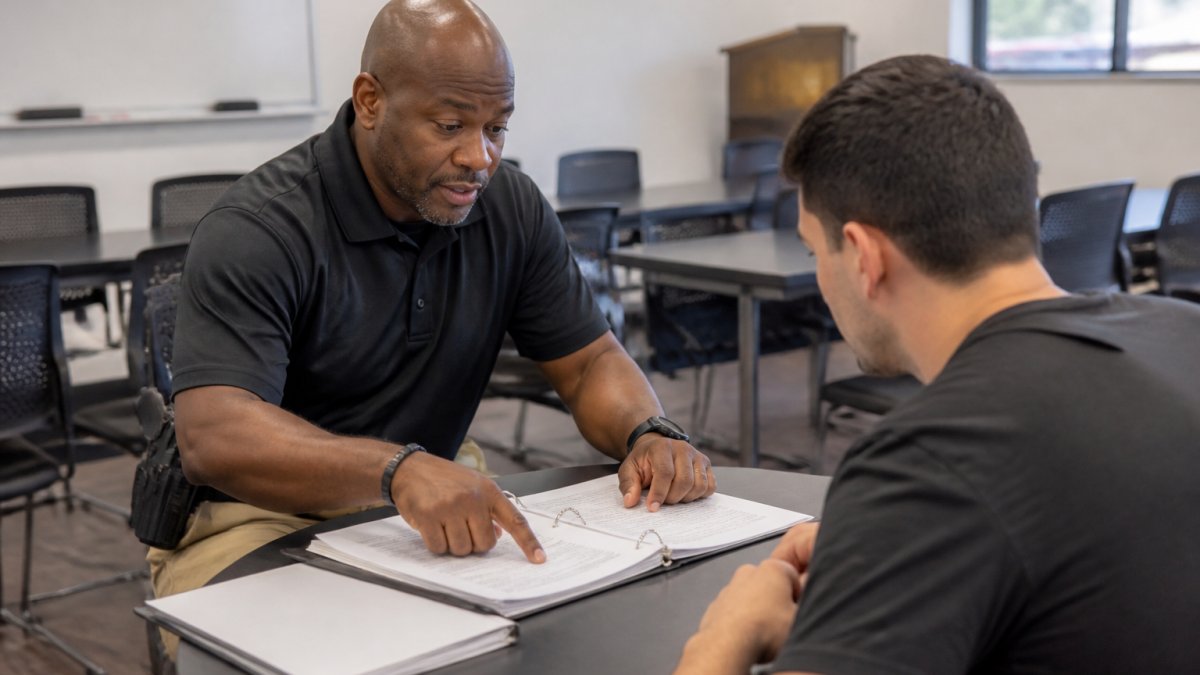 Professional security guard conducting training session with participant in modern classroom setting, reviewing documentation and security protocols