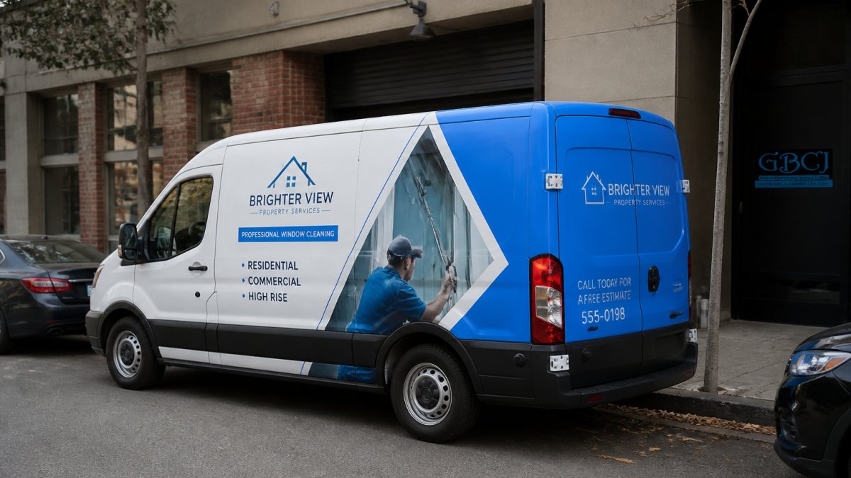 Professional service vehicle with partial wrap covering side panels and rear doors, displaying company logo, service description, and contact information in contrasting colors, parked on a commercial street with other vehicles visible