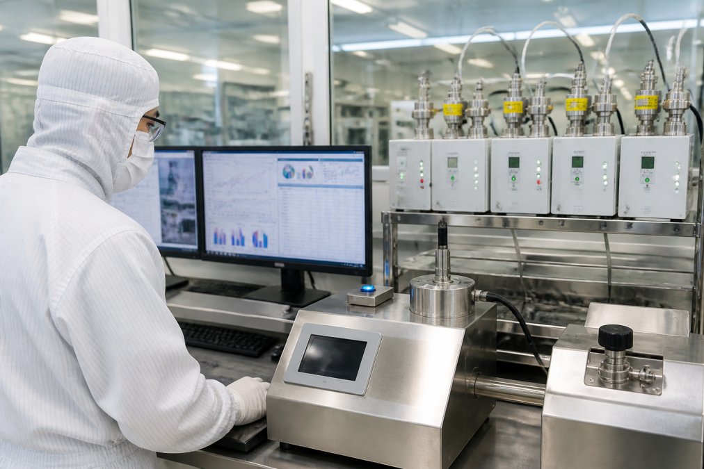 Cleanroom technician in full protective gear monitoring particle detection equipment at a semiconductor fabrication workstation, with multiple display screens displaying real-time particle concentration data and size distribution graphs
