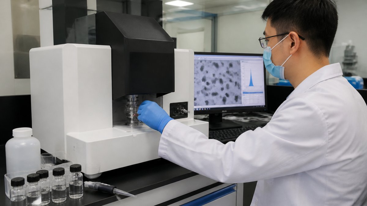 Lab technician operating an automatic laser nanoparticle size analyzer in a controlled environment, with equipment display screen showing measurement data and calibration standards visible on the adjacent workspace