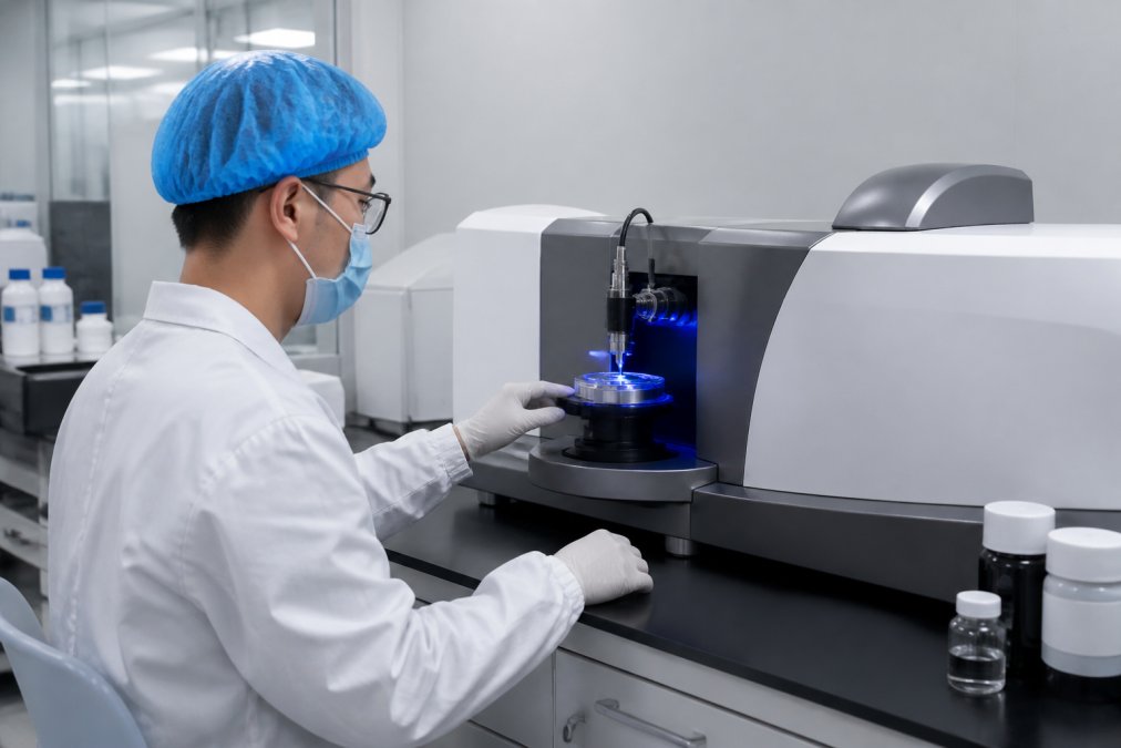 Professional technician operating a laser particle size analyzer in a cleanroom laboratory, hands positioned at the control panel with a digital display visible, sample chamber illuminated by precision laser optics, modern instrumentation in controlled environment