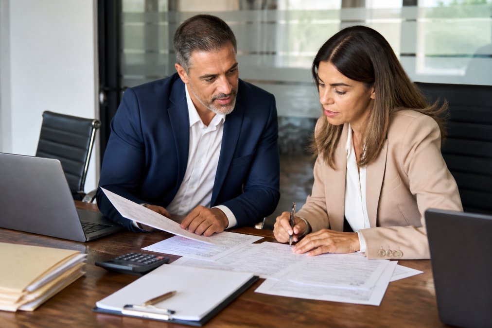 Professional business partners reviewing detailed partnership agreement tax documents and Form 565 filings together at a conference table with laptops, financial statements, and tax forms spread across the surface in natural office lighting
