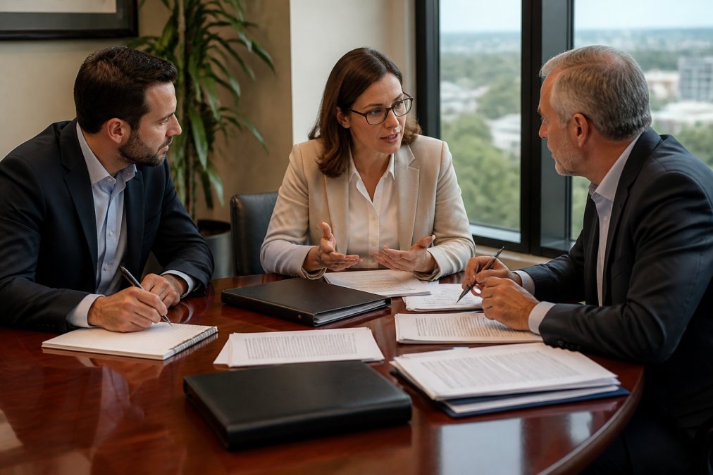 Professional business meeting with three partners discussing partnership dissolution and transition plans, with notebooks, partnership agreements, and tax documents spread across a polished conference table, natural window lighting