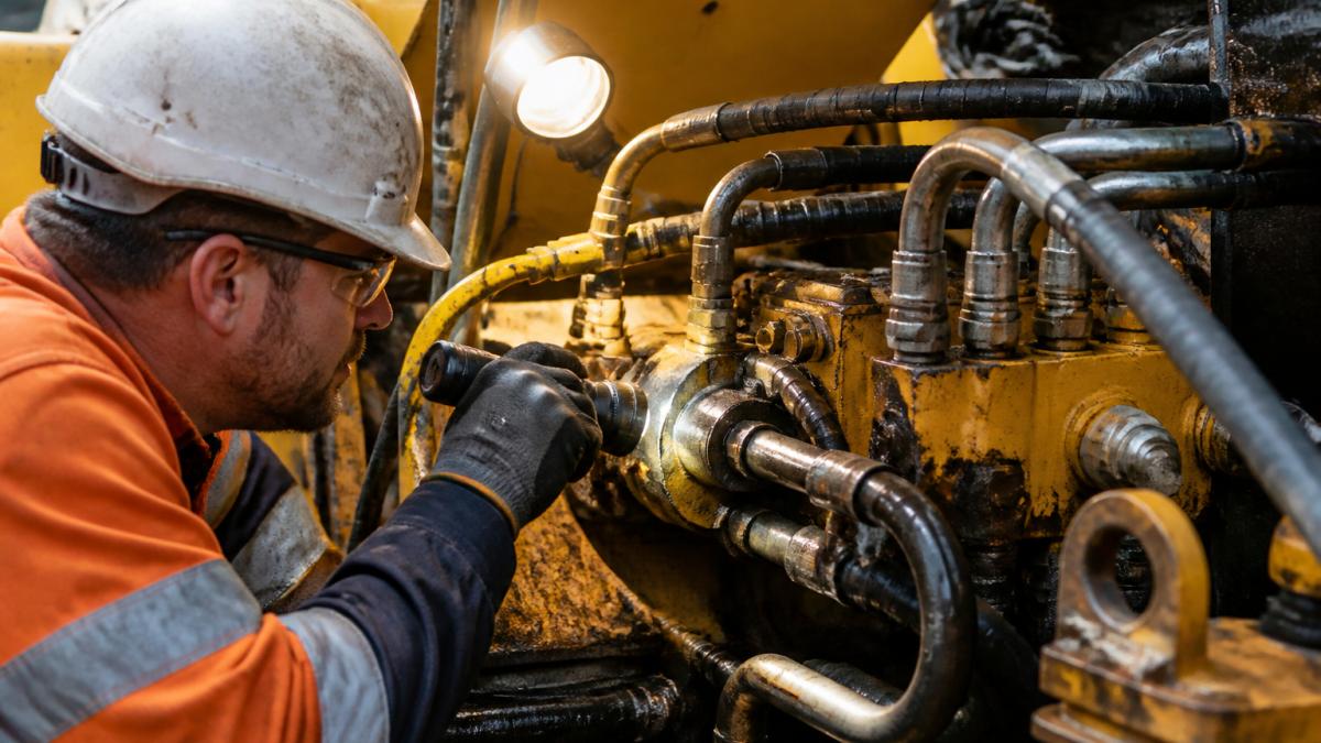 Professional technician performing close-up inspection of excavator hydraulic connections and fluid fluid lines, checking for leaks and corrosion under bright work light