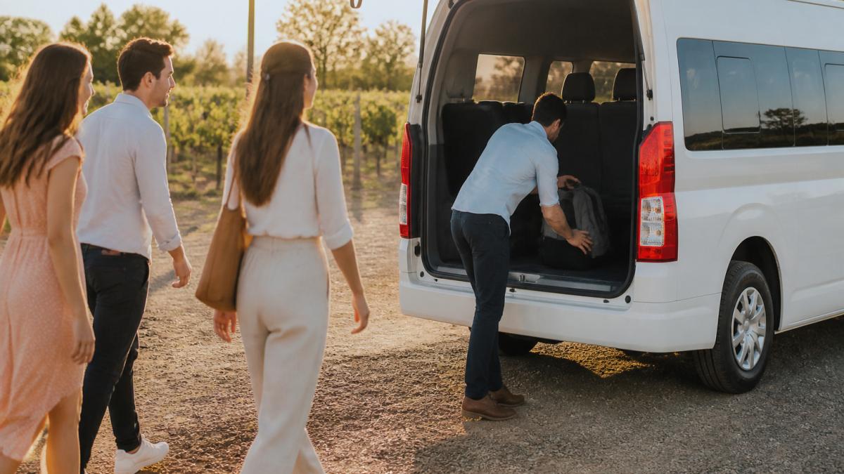 Friends boarding a white minibus for winery tour transport in a vineyard car park as one passenger stows their bag.
