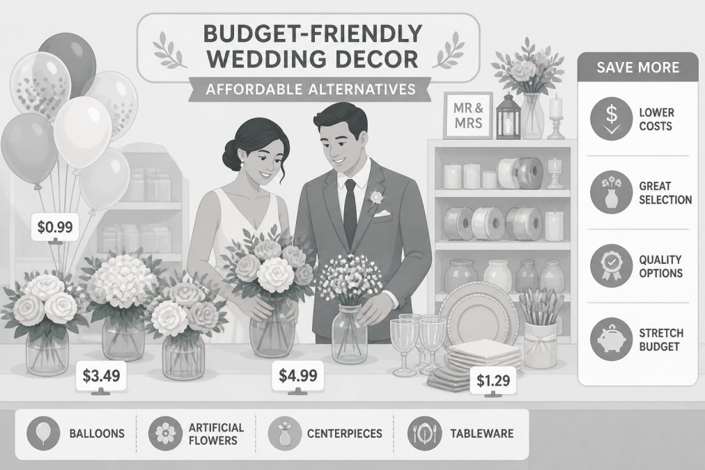 Bride and groom examining affordable wedding centerpieces and decorations displayed on a craft store table, with balloons, artificial flowers, and tableware arranged in organized sections under bright retail lighting