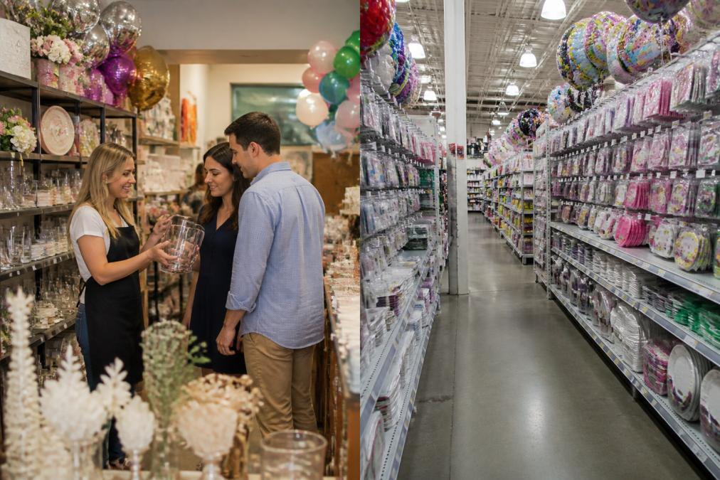 Interior of a local party supply store with shelves stocked with colorful balloons, tableware, centerpiece containers, and wedding decor items, with a friendly staff member in a branded apron assisting a couple selecting items