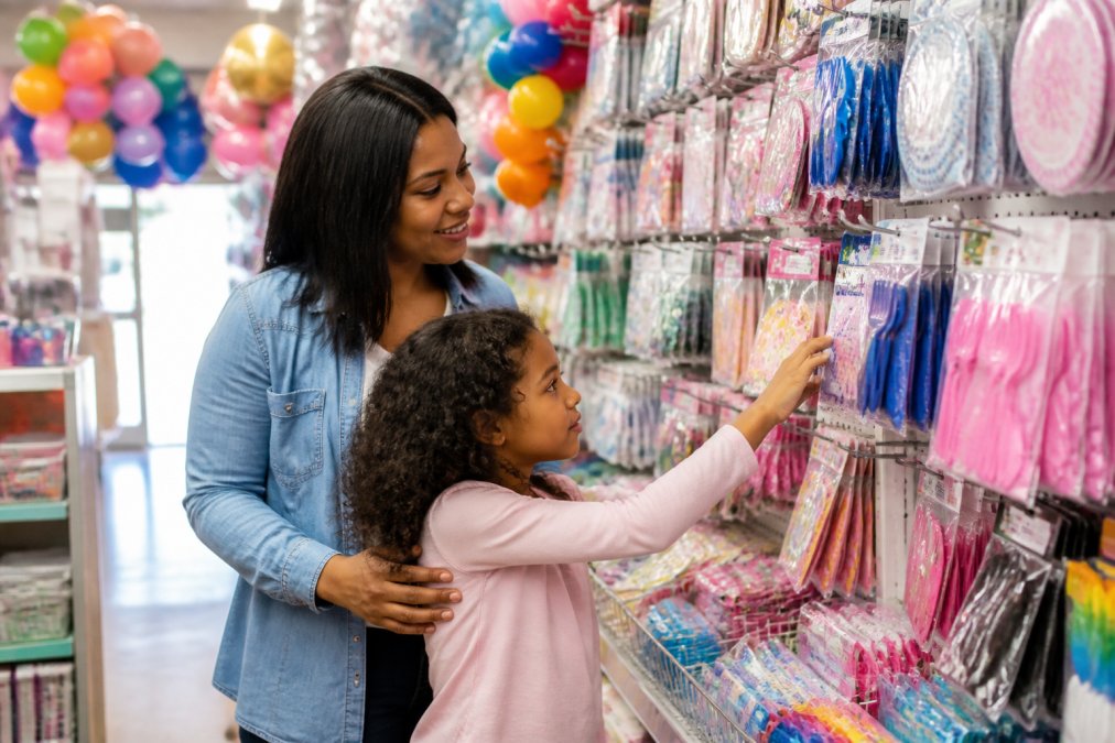 Parent and child selecting colorful party decorations and themed supplies from well-organized shelves in a bright local party store, with balloon garlands and festive décor visible in the background
