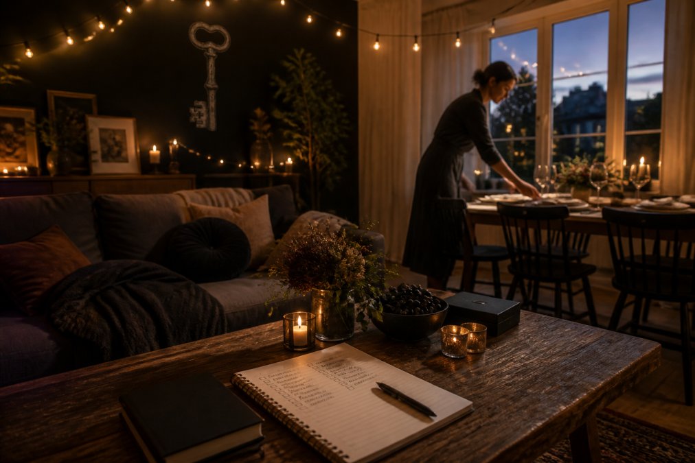 A cozy living room set for a small gathering at dusk, with warm string lights, a handwritten checklist on a coffee table, and a host adjusting a place setting near a window