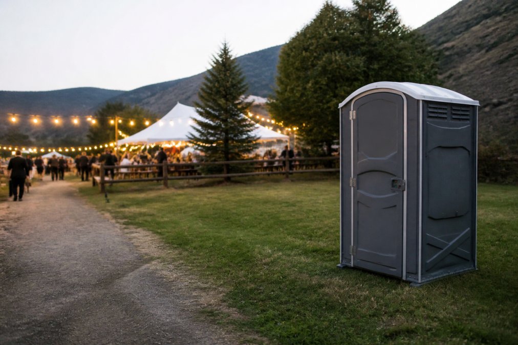 A portable restroom placed on a flat grassy area at the edge of an outdoor party venue, with a clear path from the main gathering area, string lights and event tents visible in the background