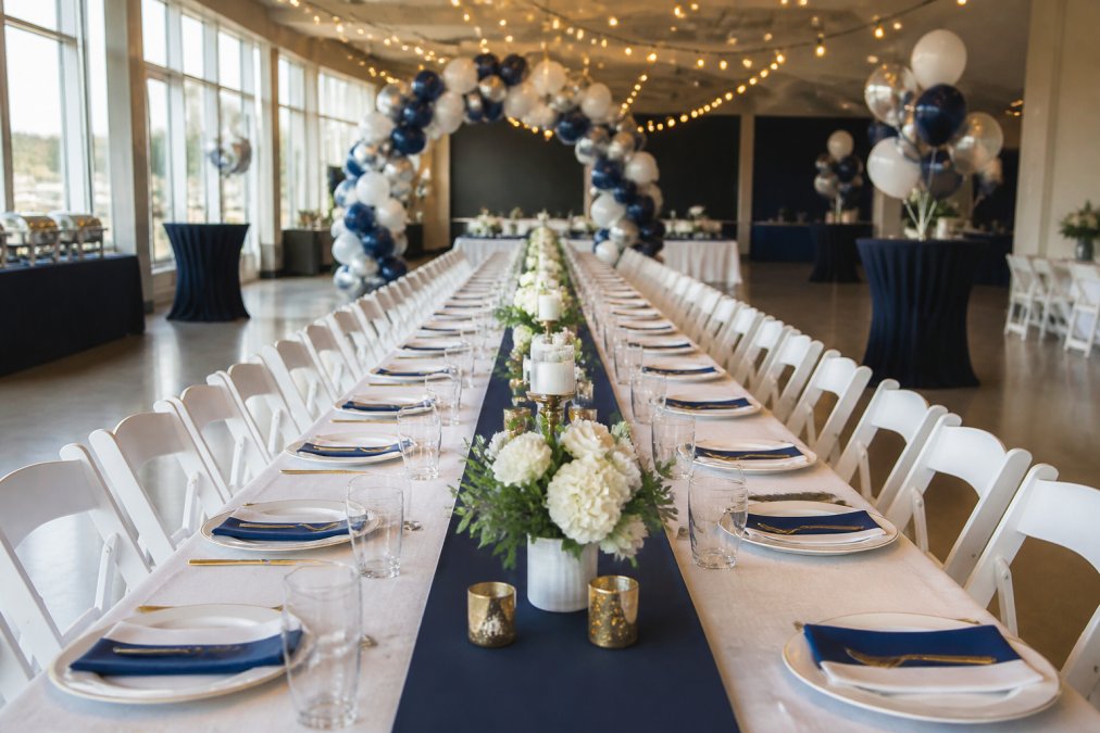 A long banquet table set for a corporate event with crisp white tablecloths, balloon arch in the background, branded centerpieces, and neatly arranged disposable tableware under warm overhead lighting in a bright modern event hall