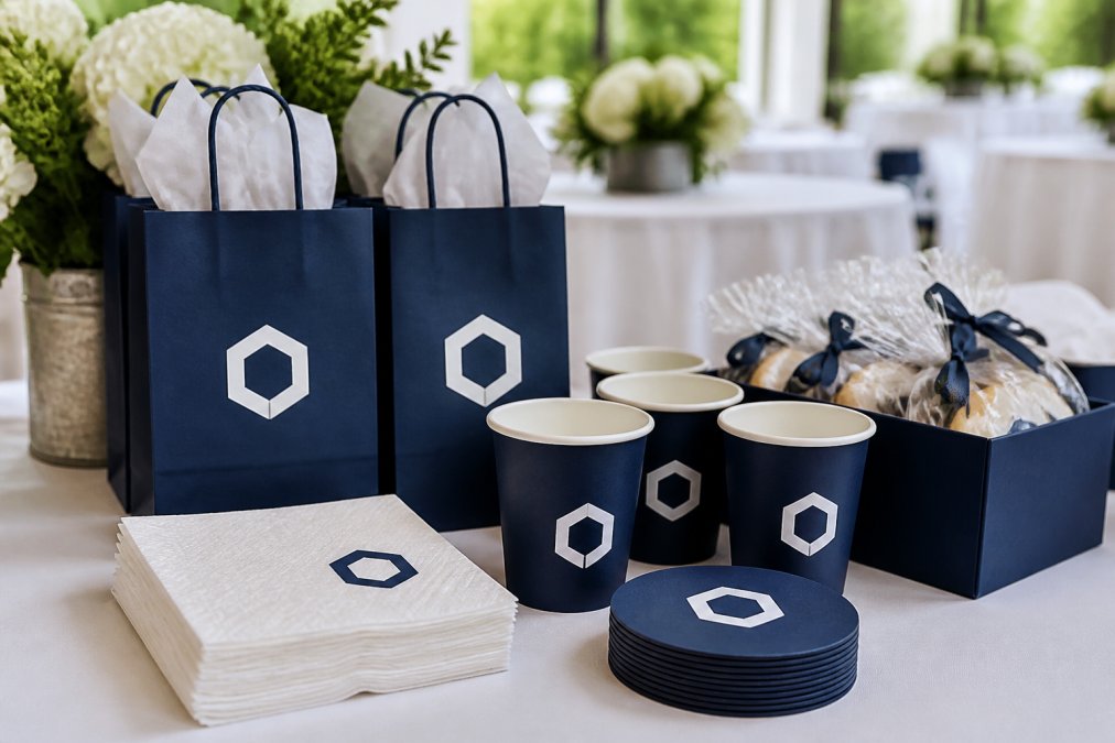 Close-up of custom-branded corporate party favors including personalized napkins printed with a company logo, branded cups, and gift bags arranged on a white tablecloth at a professional event setup under soft natural light
